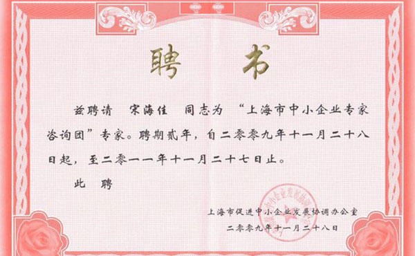 我所宋海佳律师被聘为“上海市中小企业专家咨询团”专家